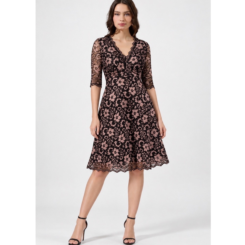 Kiyonna Mon Cherie Floral Lace Midi Cocktail Dress Fit & Flare Wedding Guest L